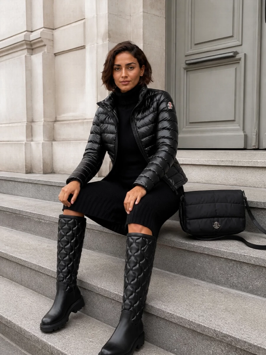 Moncler black puffer turtleneck sweater dress outfit