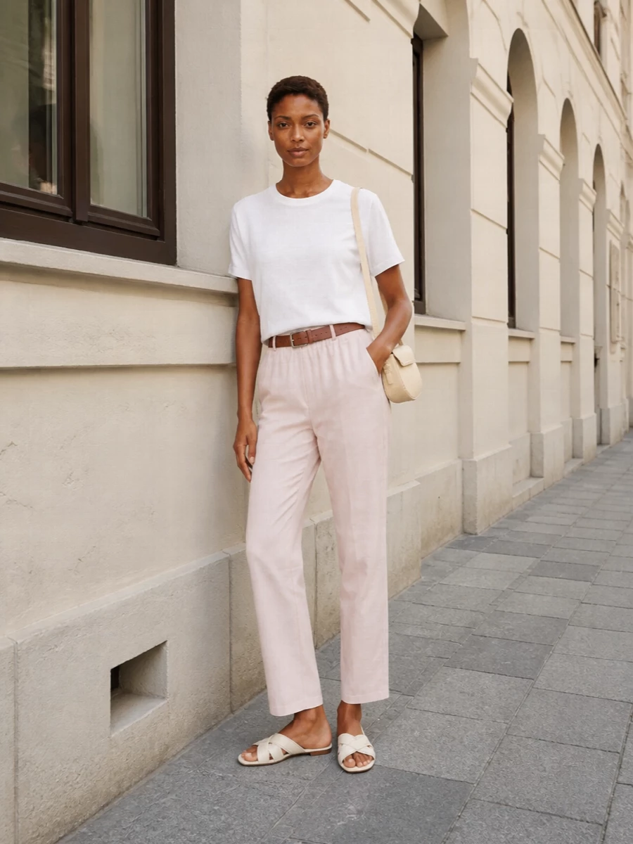 Loulou tee blush trousers tods sandals
