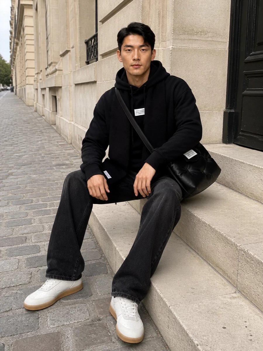 Mm6 margiela black hoodie washed jeans outfit