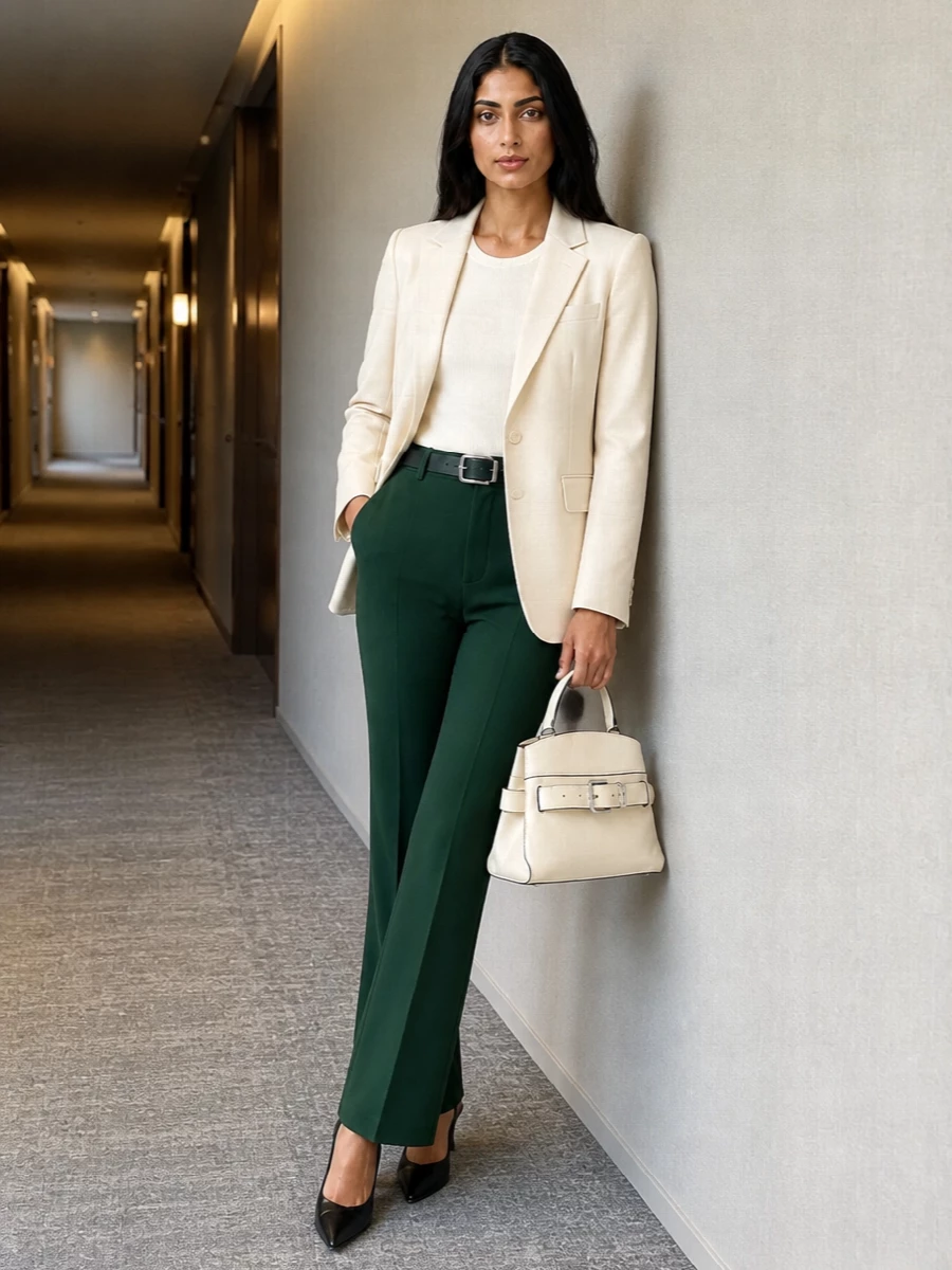 Max mara green trousers cream blazer outfit