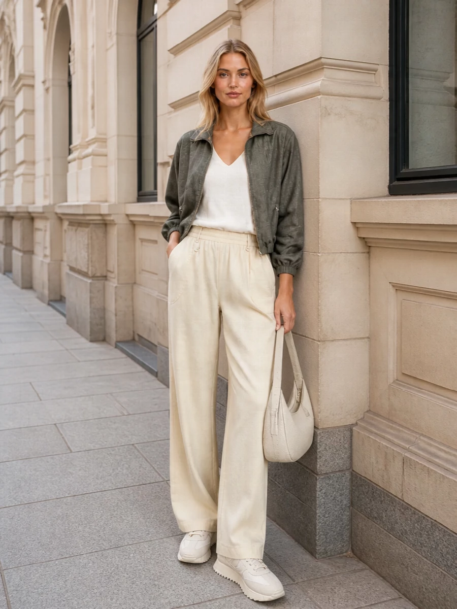 Herno bomber beige wide leg trousers sneakers