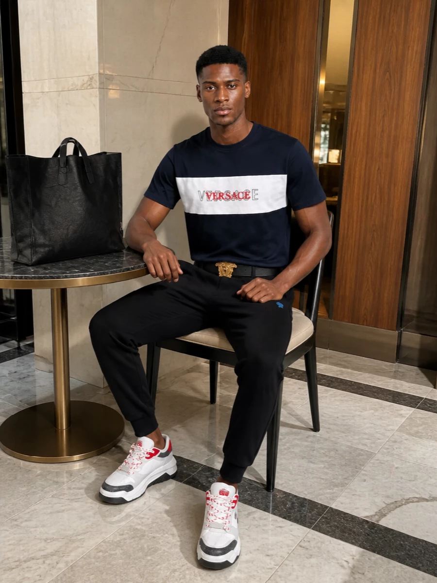 Versace navy logo tee black joggers sneakers