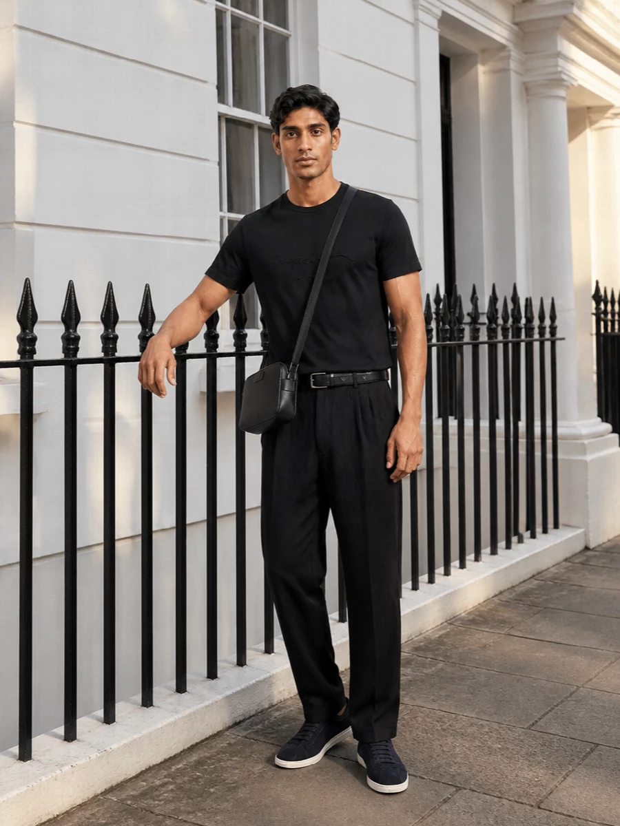 Giorgio armani black tee pinstripe trousers outfit