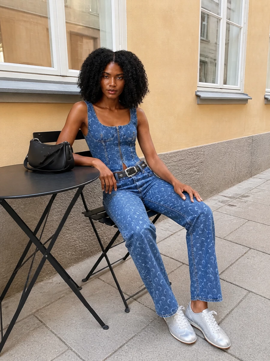 Marine serre moon print jeans corset outfit