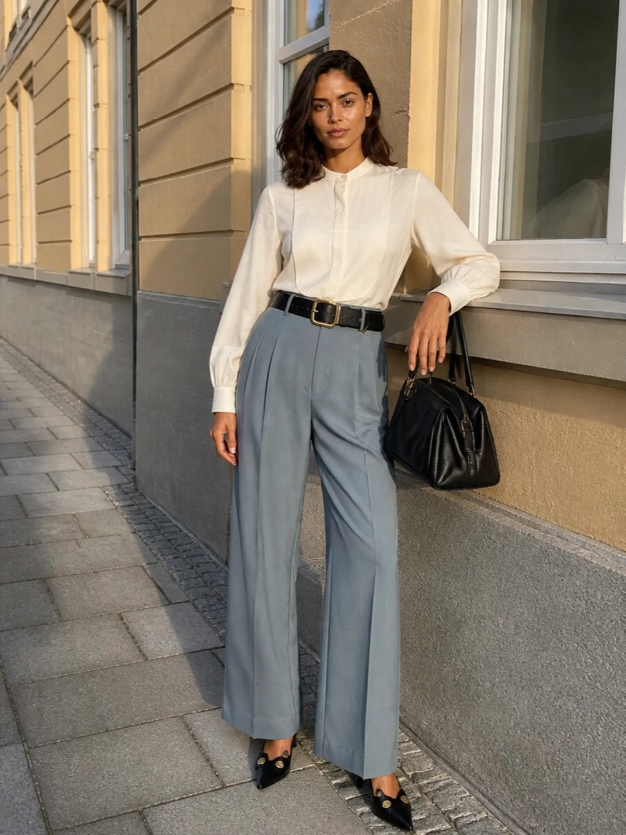 Chloe tailored blue trousers ivory bib blouse