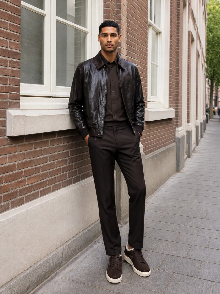 Prada brown leather bomber tailored trousers outfit