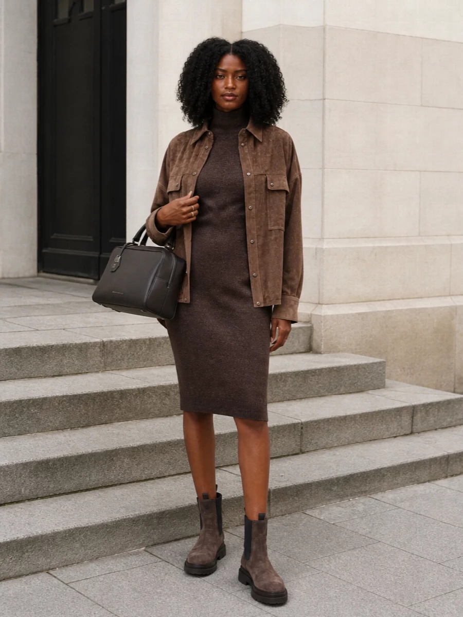 Brunello cucinelli jacket brown knit dress outfit
