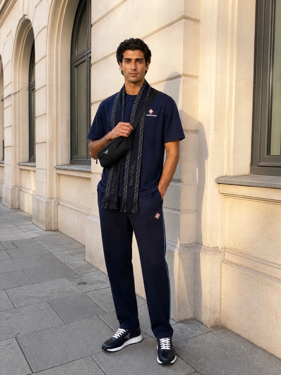 Casablanca navy track pants prada runners outfit
