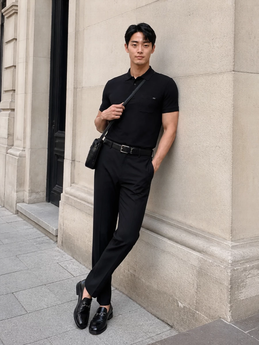 Gucci black polo trousers outfit loafers