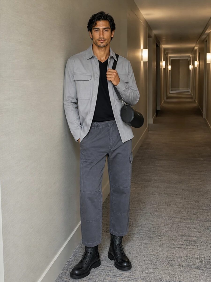 Rick owens grey shirt jacket cargo outfit