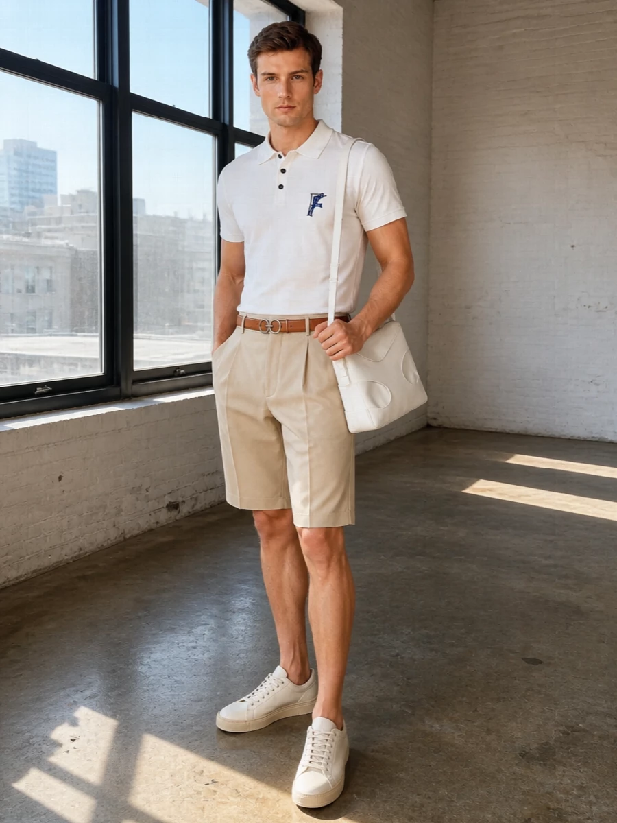 Ferragamo beige shorts white polo sneakers outfit