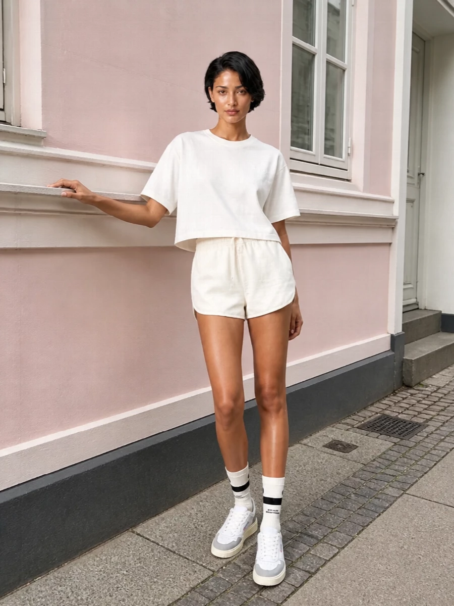 Autry cropped tee ivory gym shorts sneakers