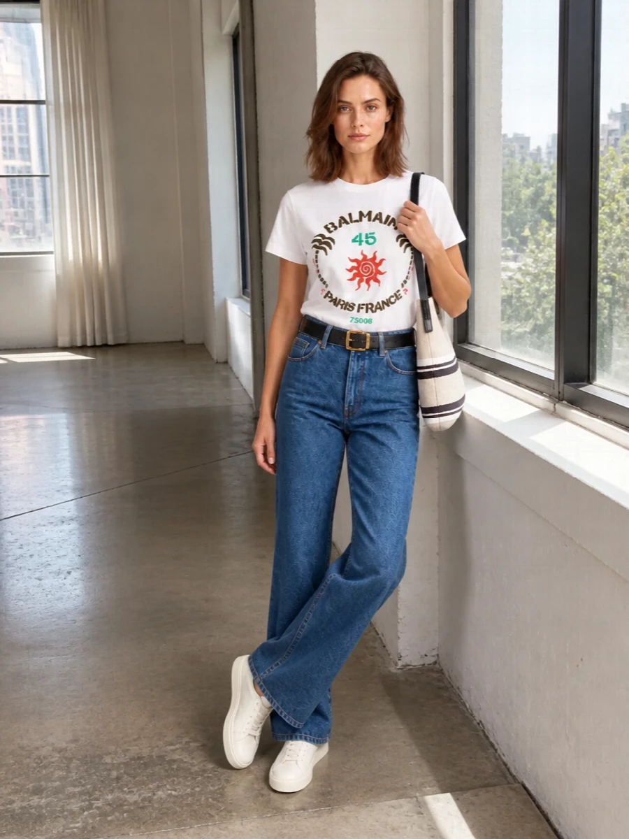 Balmain graphic tee straight jeans white sneakers