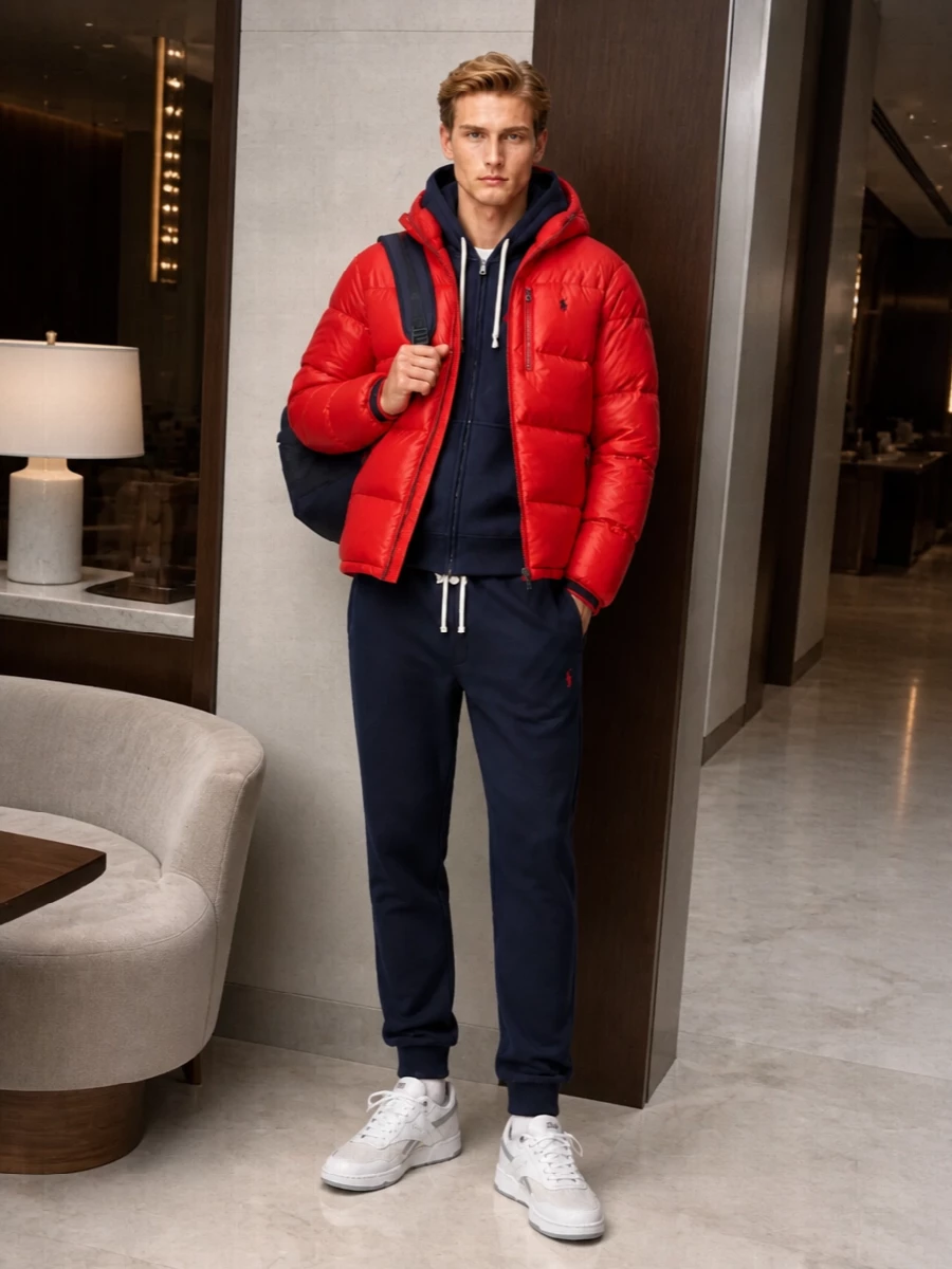 A bright red Polo Ralph Lauren puffer sits over navy layers and tapered joggers for a sharp, sport-preppy winter uniform. Clean off white Palm Angels sneakers and a technical navy backpack keep the energy practical and graphic, ideal for cold city days that move from commute to weekend plans. The palette stays tight around red, navy, and soft neutrals so the coat makes the statement while everything else feels quietly dialed in.