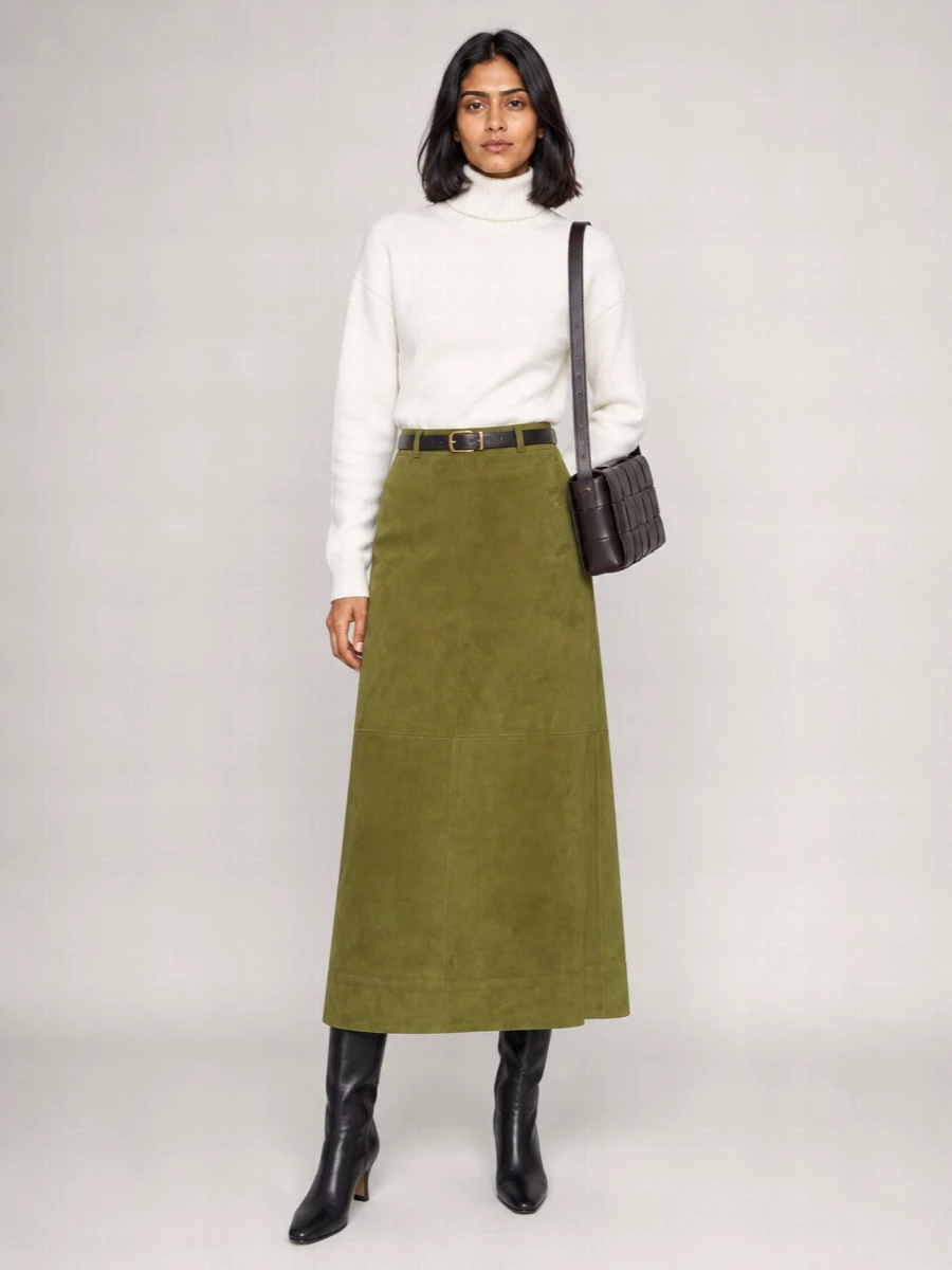 Bottega Veneta Suede Leather Midi A-Line Skirt