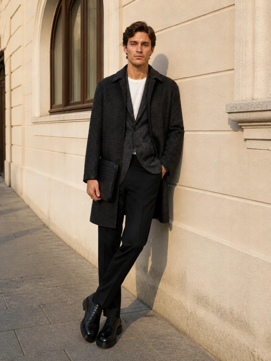 Tagliatore charcoal coat black trousers tods derby