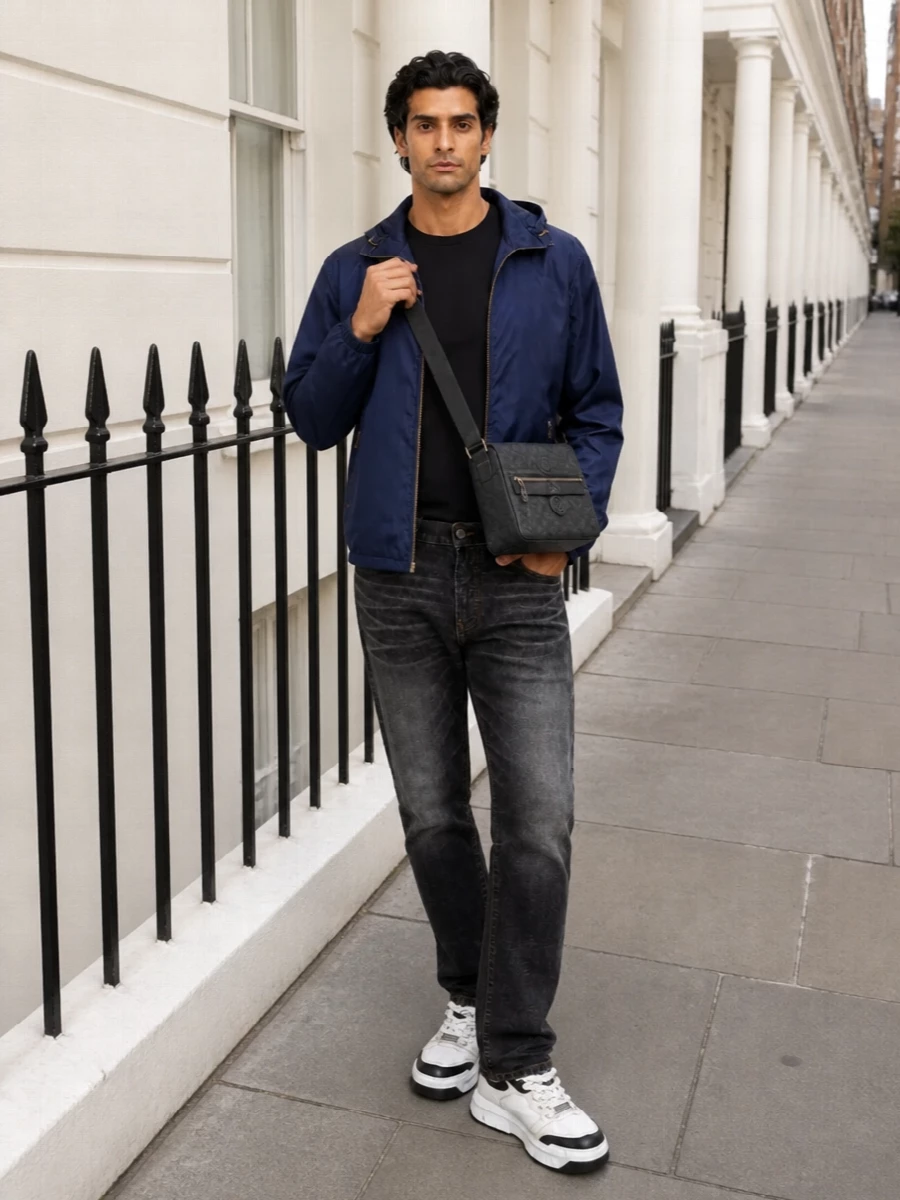 Versace navy bomber black jeans outfit