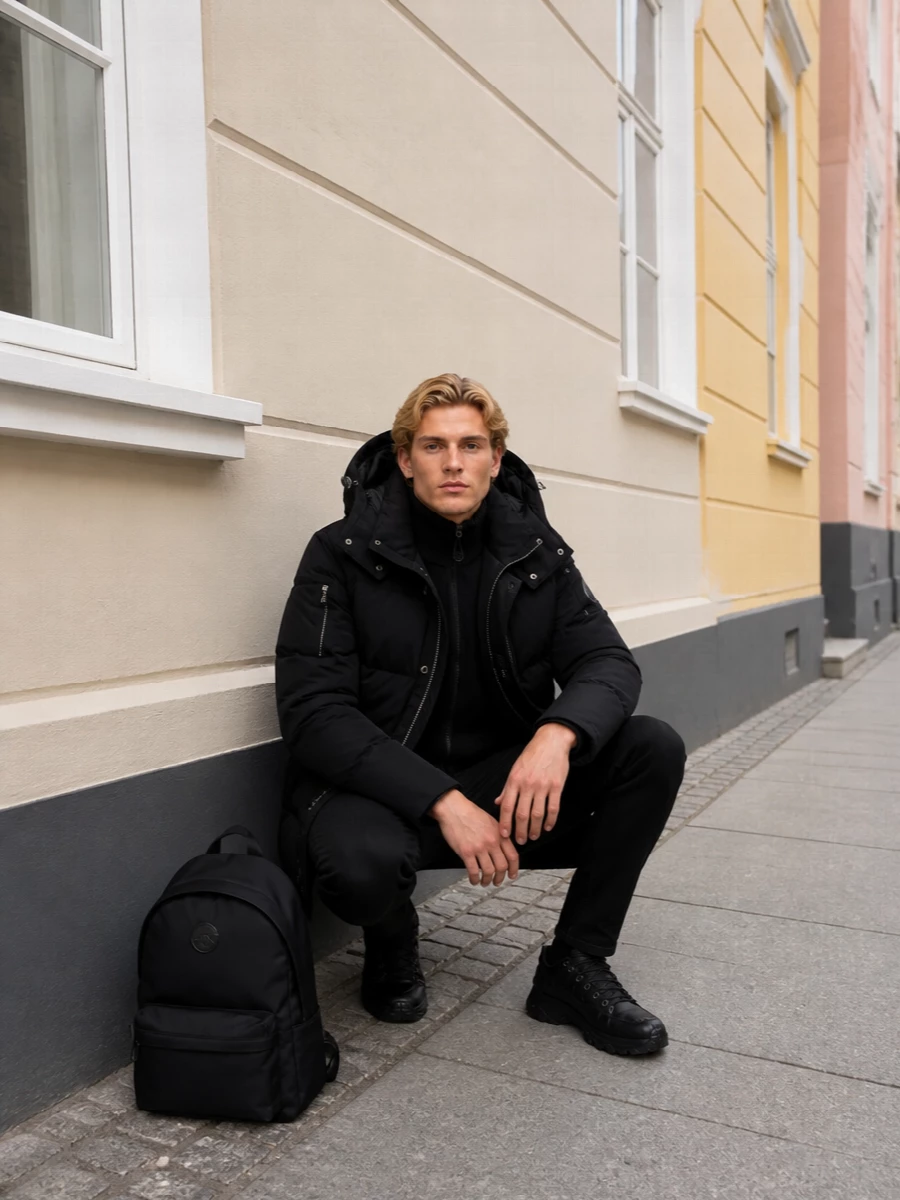 Moncler winter outfit black parka trail sneakers