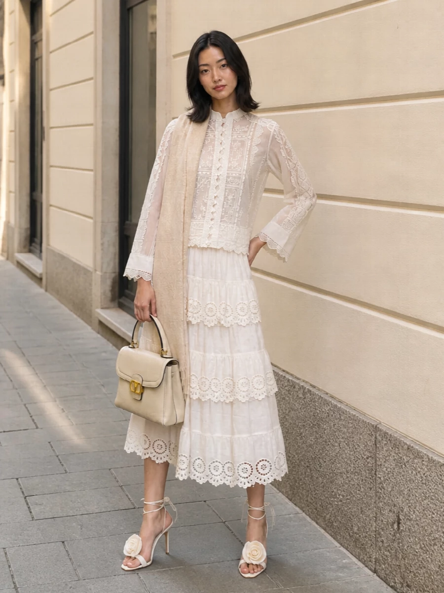Zimmermann embroidered shirt ivory tiered skirt outfit