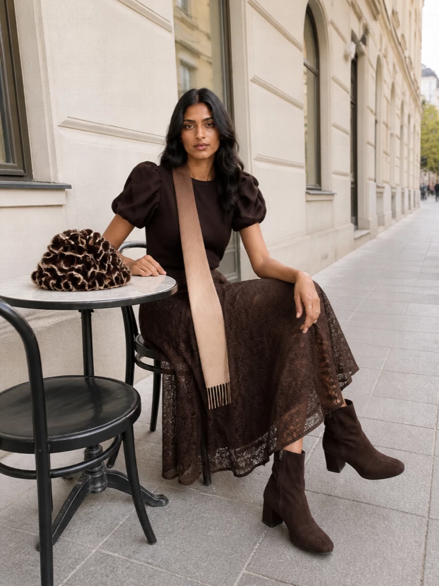 Rotate brown midi skirt aeyde ankle boots