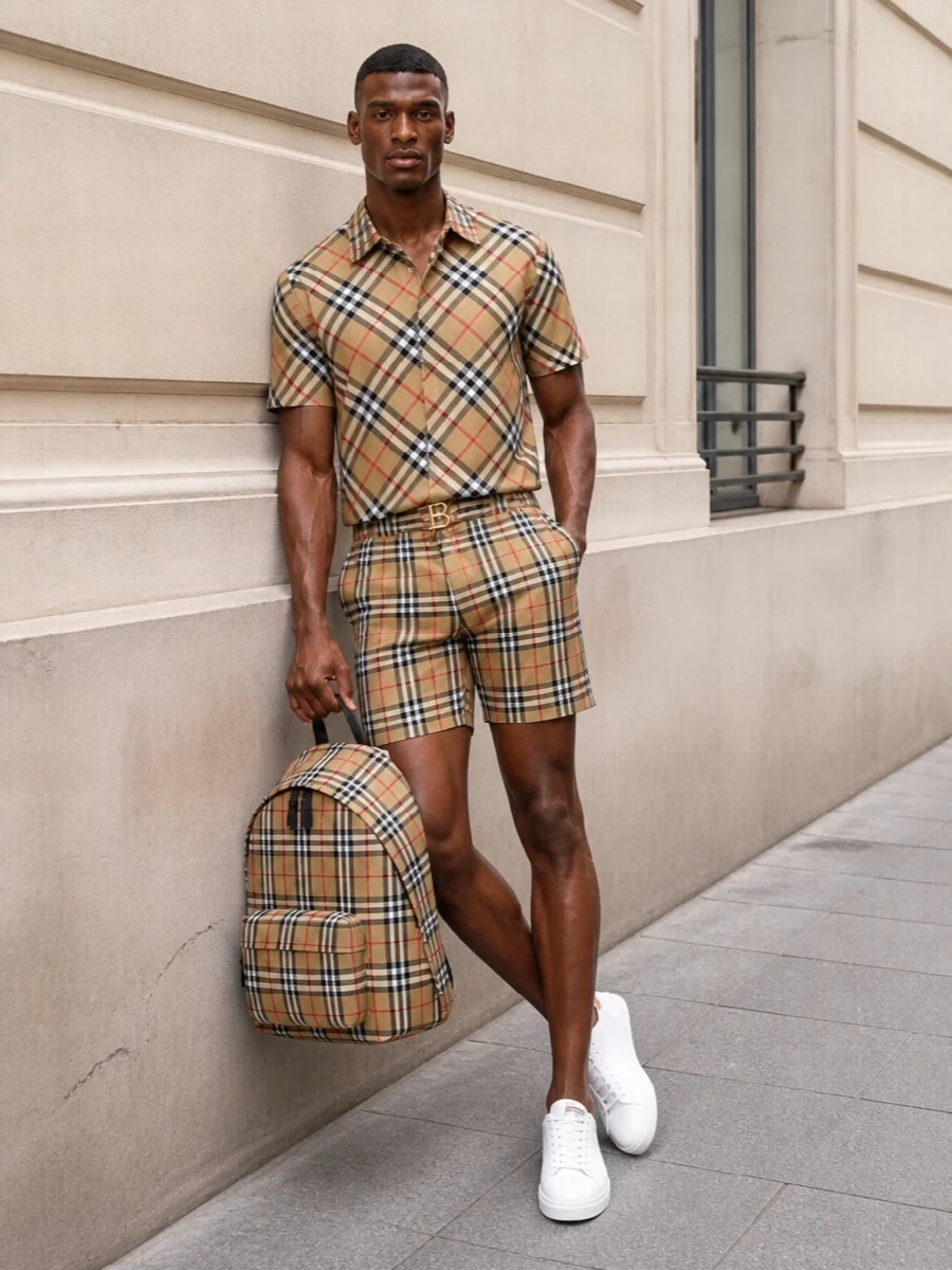 Burberry check shirt shorts outfit men