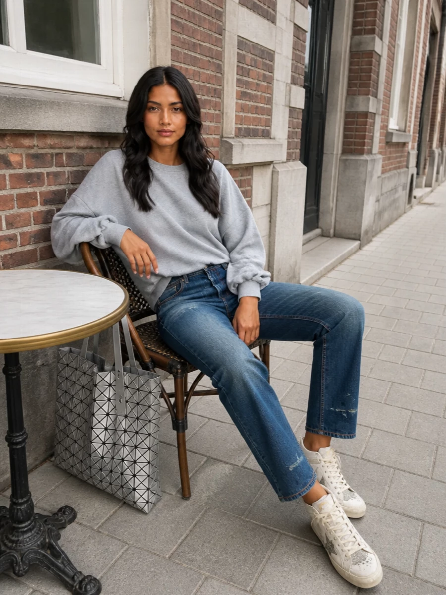 This is a downtown day outfit built around shine that still feels grounded: sculptural grey sweatshirt, straight-leg Prada denim and scuffed Golden Goose hi-tops. The neutral base lets the silver hardware and glitter read as intentional, creating a sporty, quietly luxe take on sequins for daytime. Opting for top and jeans over a dress keeps the sneakers in their element, relaxed and city-ready rather than forced into eveningwear territory.