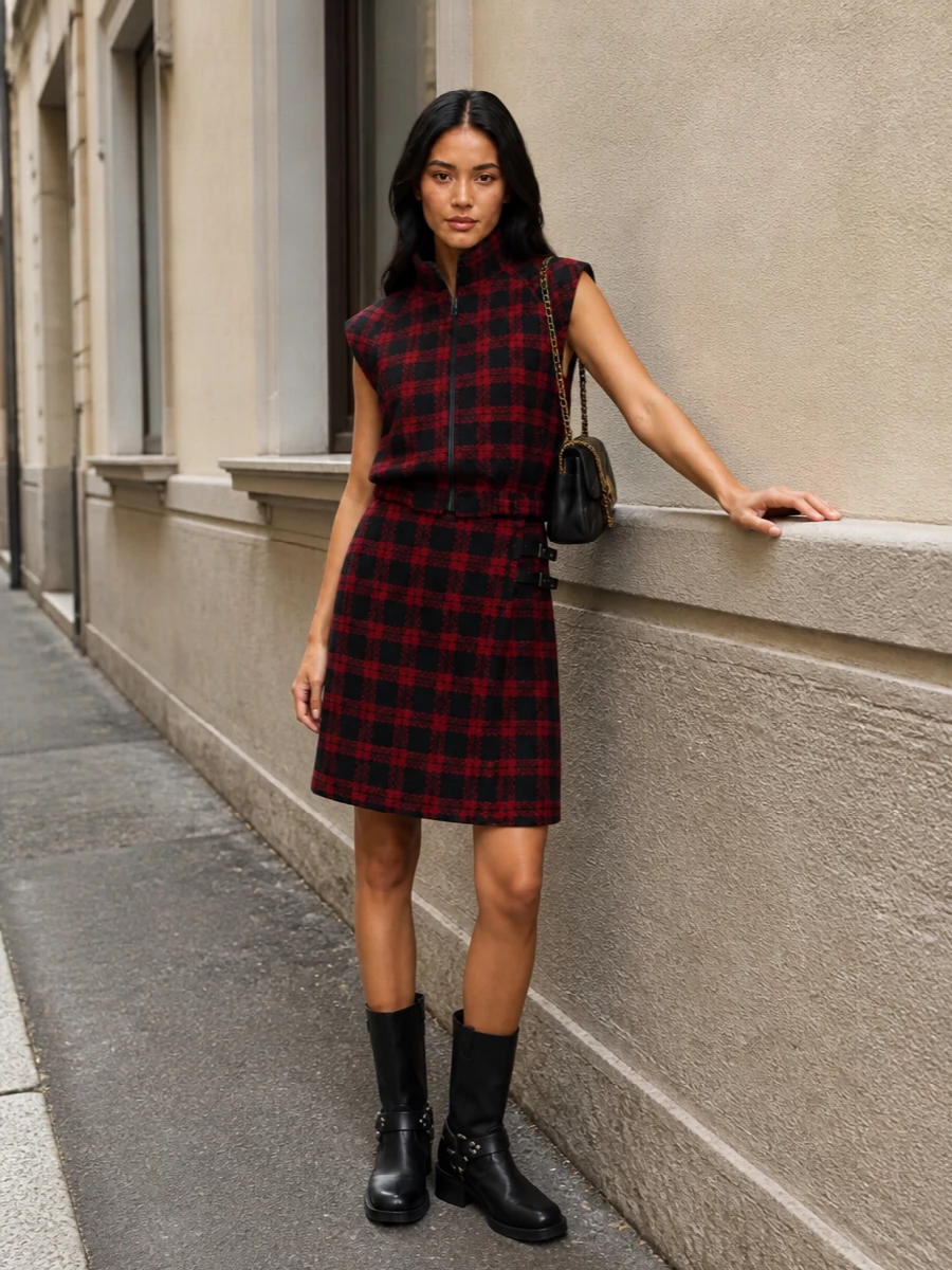 Pinko plaid dress outfit harness boots