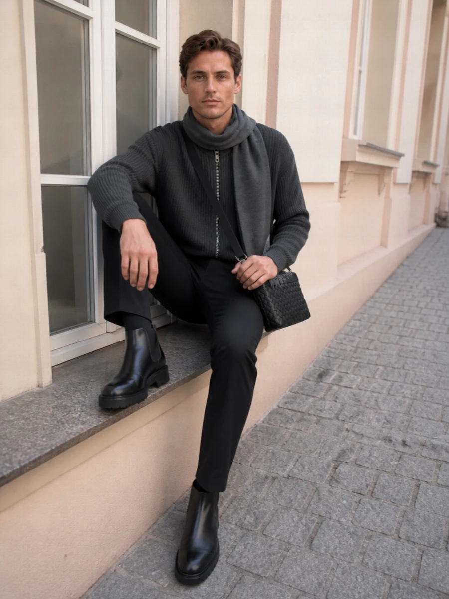 Charcoal ribbing meets sharp black tailoring for a dark, minimal uniform that feels quietly assertive. Straight-leg trousers and treaded Chelsea boots keep the proportions clean and grounded, while the woven crossbody and charcoal scarf add just enough texture for depth without breaking the monochrome mood.