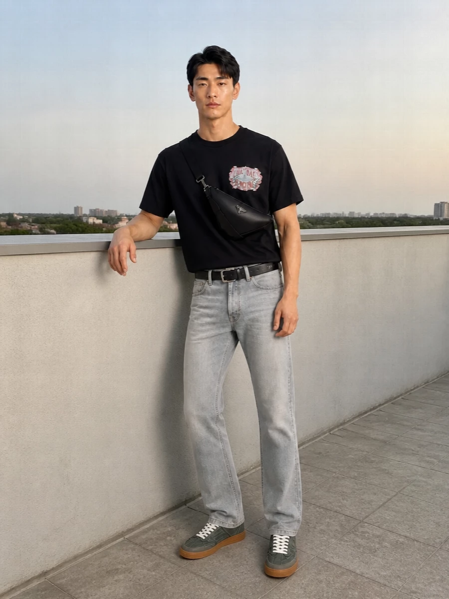 A boxy Amiri tee and light-grey straight denim set a calm, monochrome base that feels considered but not fussy. Slate-and-eggshell sneakers echo the tee’s soft color hits, keeping the palette tight and modern. A clean Prada crossbody and slim belt finish it with just enough hardware to read luxe without tipping into hype-driven styling.