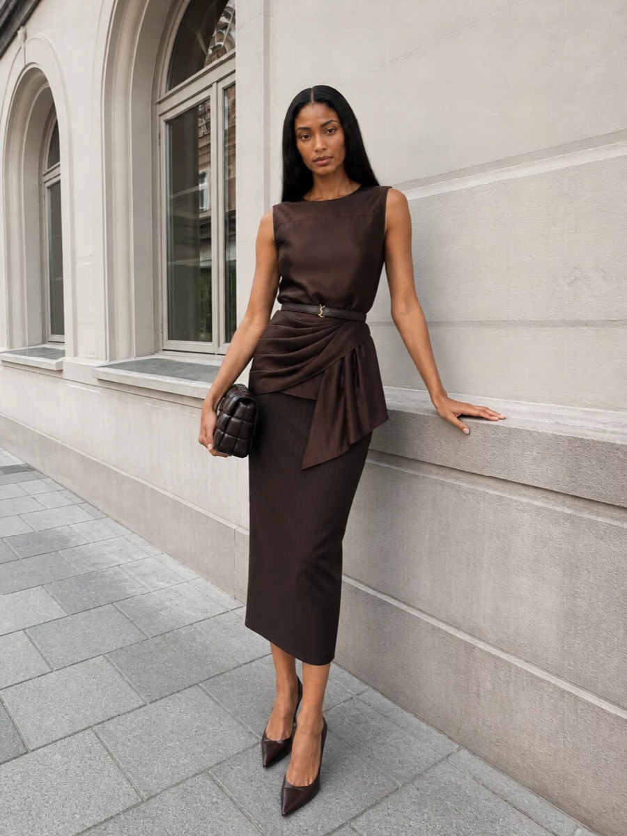 Loulou studio brown pinstripe midi dress outfit