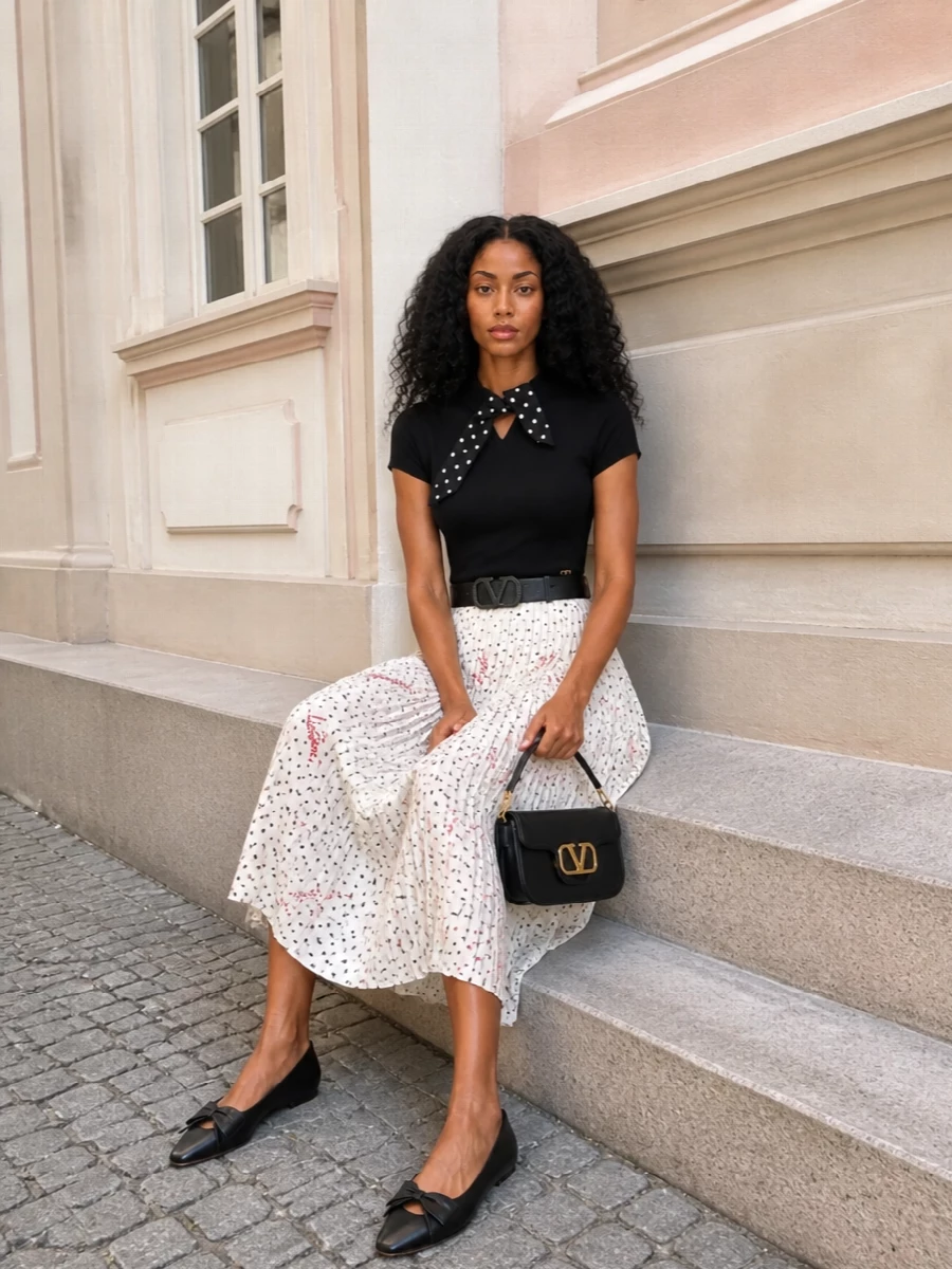 Valentino’s polka-dot knit tee meets its perfect partner in the high-waisted ivory dot midi, creating a romantic, graphic play on black and white. Crystal-detailed belt, black ballerinas and a compact VLogo shoulder bag keep the silhouette clean and ladylike, ideal for gallery evenings or polished dinners. The result is quietly branded, modern preppy and feminine without feeling saccharine.