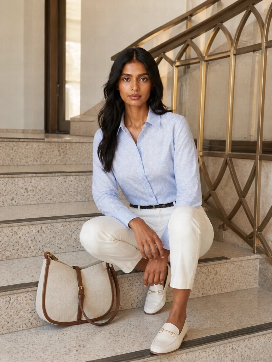 Etro ivory trousers blue paisley shirt outfit