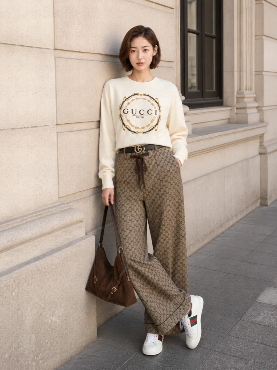 Gucci logo sweatshirt gg wide leg pants outfit