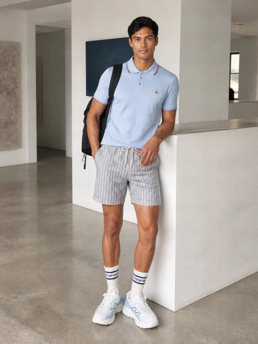 A pale blue Moncler polo meets understated striped deck shorts for a fresh, Riviera-leaning summer set that still feels city ready. Chunky white and ice blue Moncler sneakers keep the sport energy precise, while a deep navy technical backpack adds structure and practicality without breaking the clean palette. Off-white striped socks slip in a final collegiate note that links every blue in the outfit together.