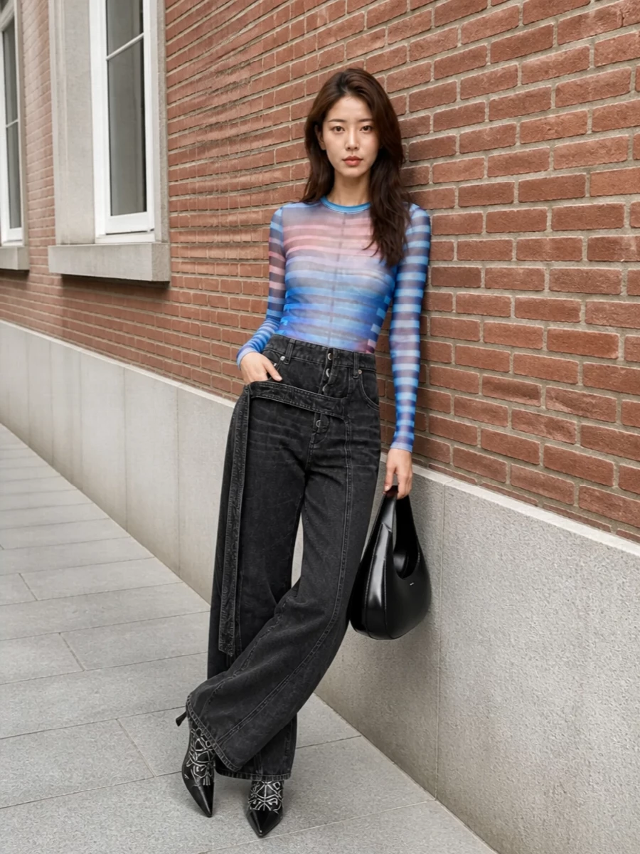 Jean paul gaultier mesh top wide leg jeans outfit