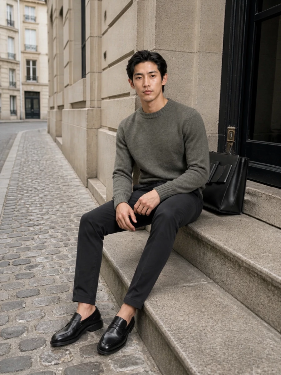 Pt torino charcoal jeans tods black loafers outfit