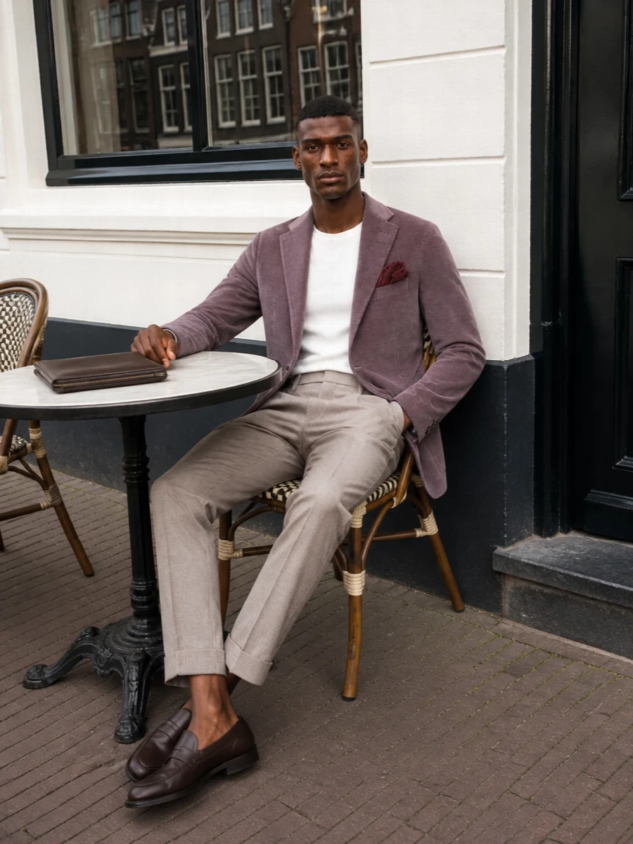 Tagliatore mauve blazer taupe trousers outfit