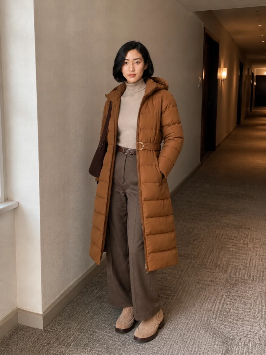 Max mara caramel puffer wide leg trousers outfit