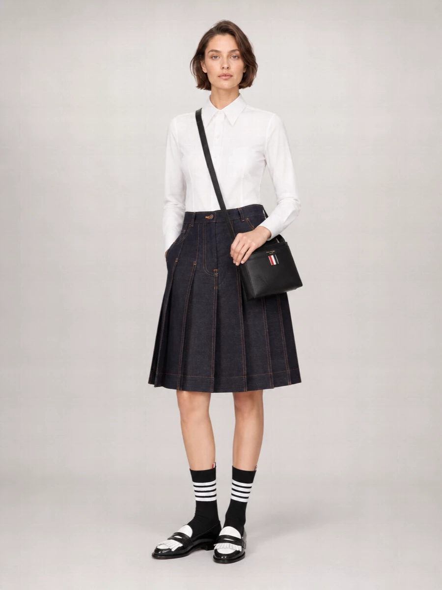 Thom Browne Denim Bermuda Pleated Skirt