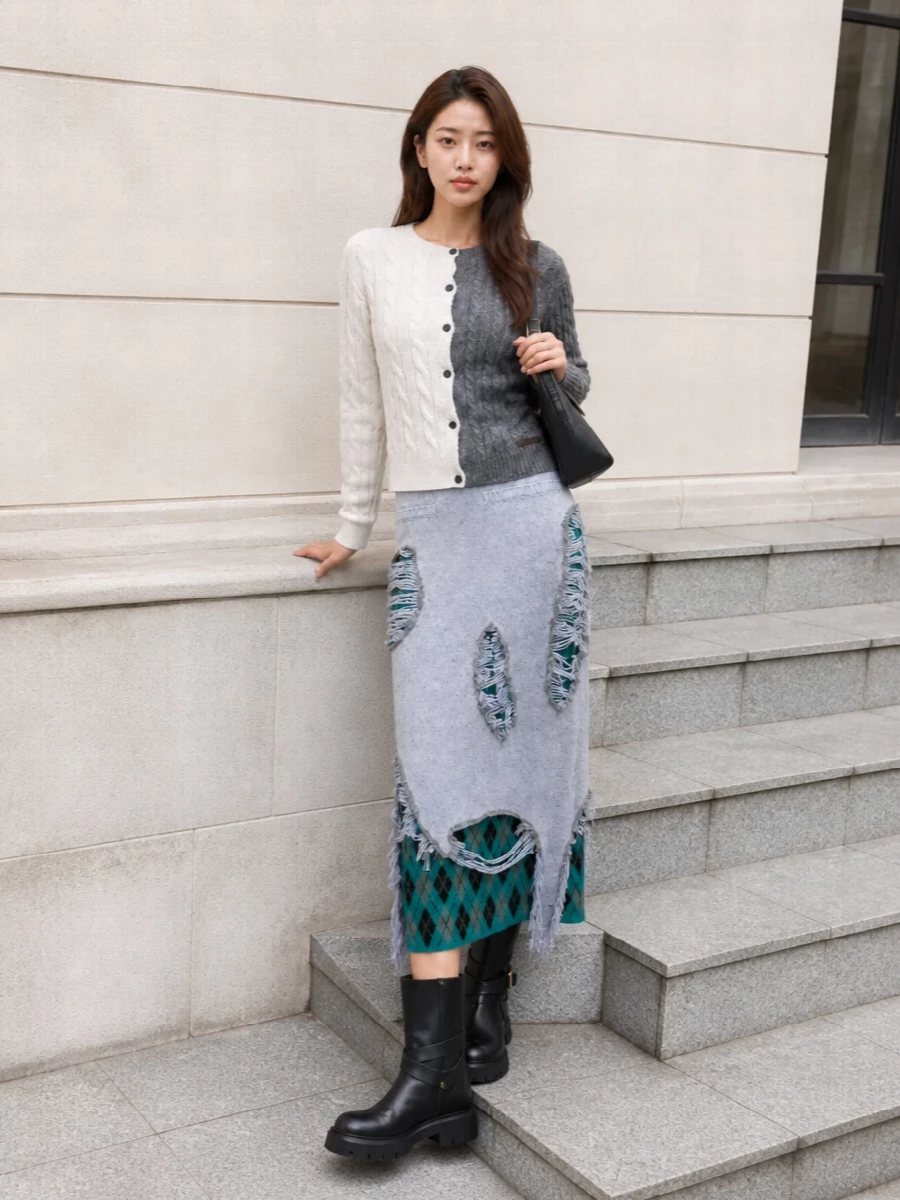 Moschino argyle skirt cable cardigan chunky boots