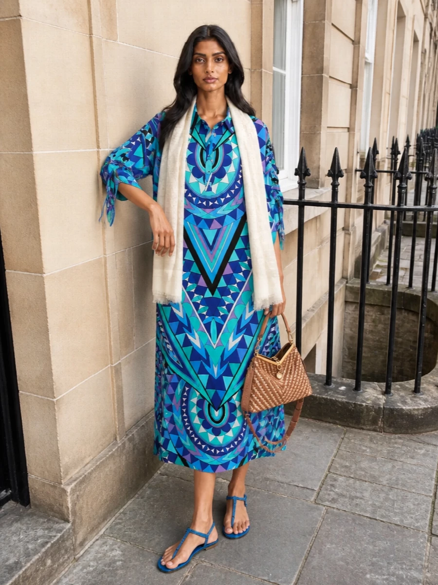 Pucci kaftan dress teal sandals raffia bag