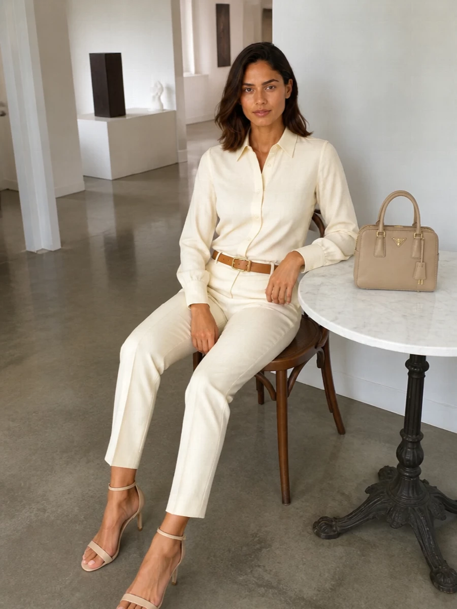 Brioni buttercream trouser outfit prada bag