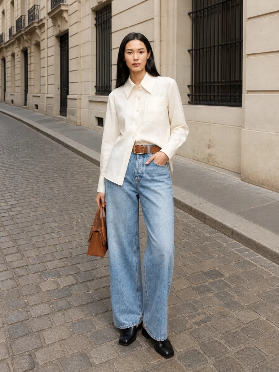 Jacquemus asymmetric shirt wide leg jeans outfit