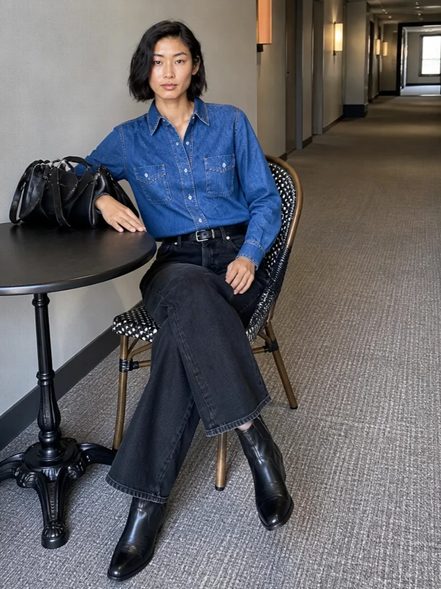 Studded indigo denim up top meets washed-black wide-leg jeans for a modern, rock-leaning take on double denim. Black western ankle boots and a hardware-heavy shoulder bag keep the palette tight and the mood utility-street rather than nostalgic. A slim black belt pulls everything together while letting the shirt’s detailing stay the focus.