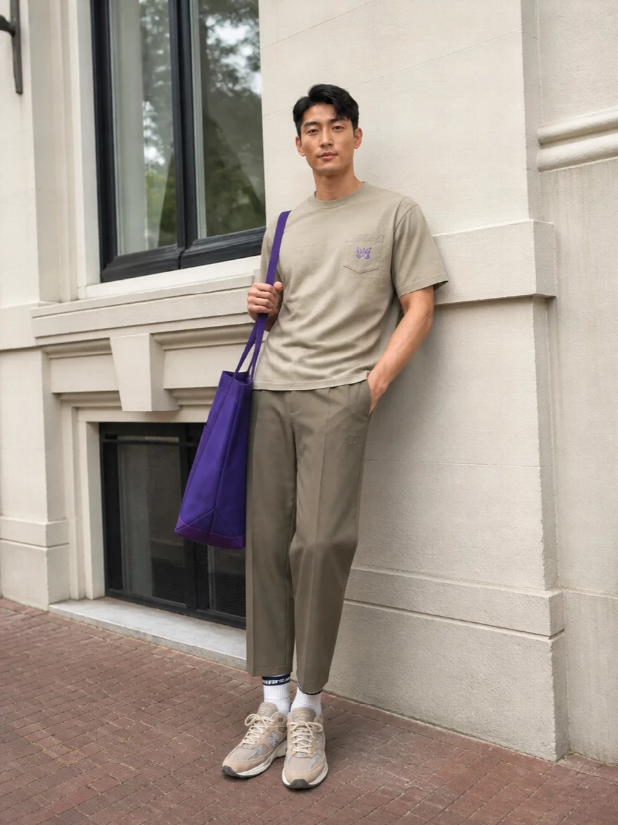 Soft sand and taupe tones keep this Needles-heavy pairing calm, while the deep-purple tote adds a single confident hit of color. The straight-leg trouser and cushioned runners balance ease and structure so it feels relaxed but still deliberate from coffee runs to late studio days.