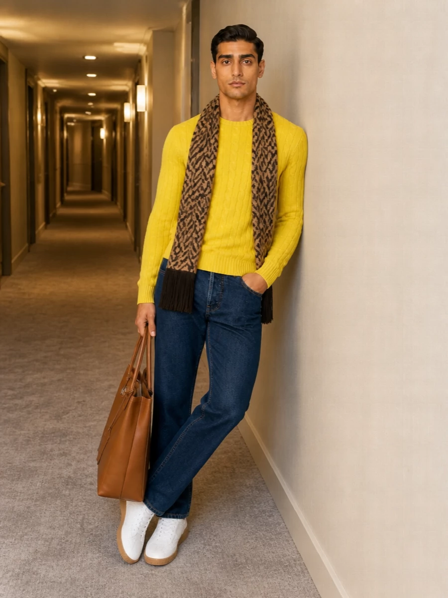 Valentino yellow cable knit dark denim white sneakers