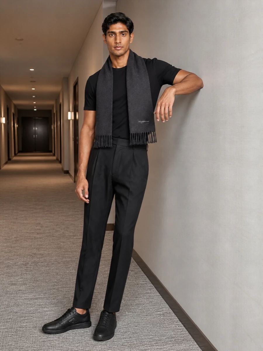 Herno black tee pleated trousers prada bag