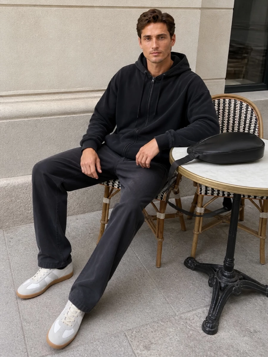 Margiela hoodie charcoal trousers white sneakers