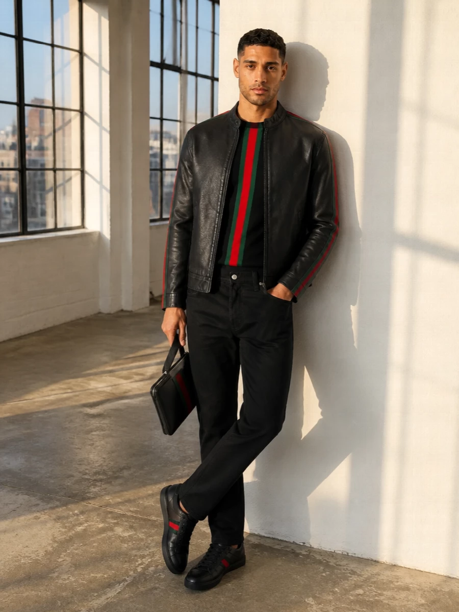 Gucci black leather jacket web stripe denim outfit