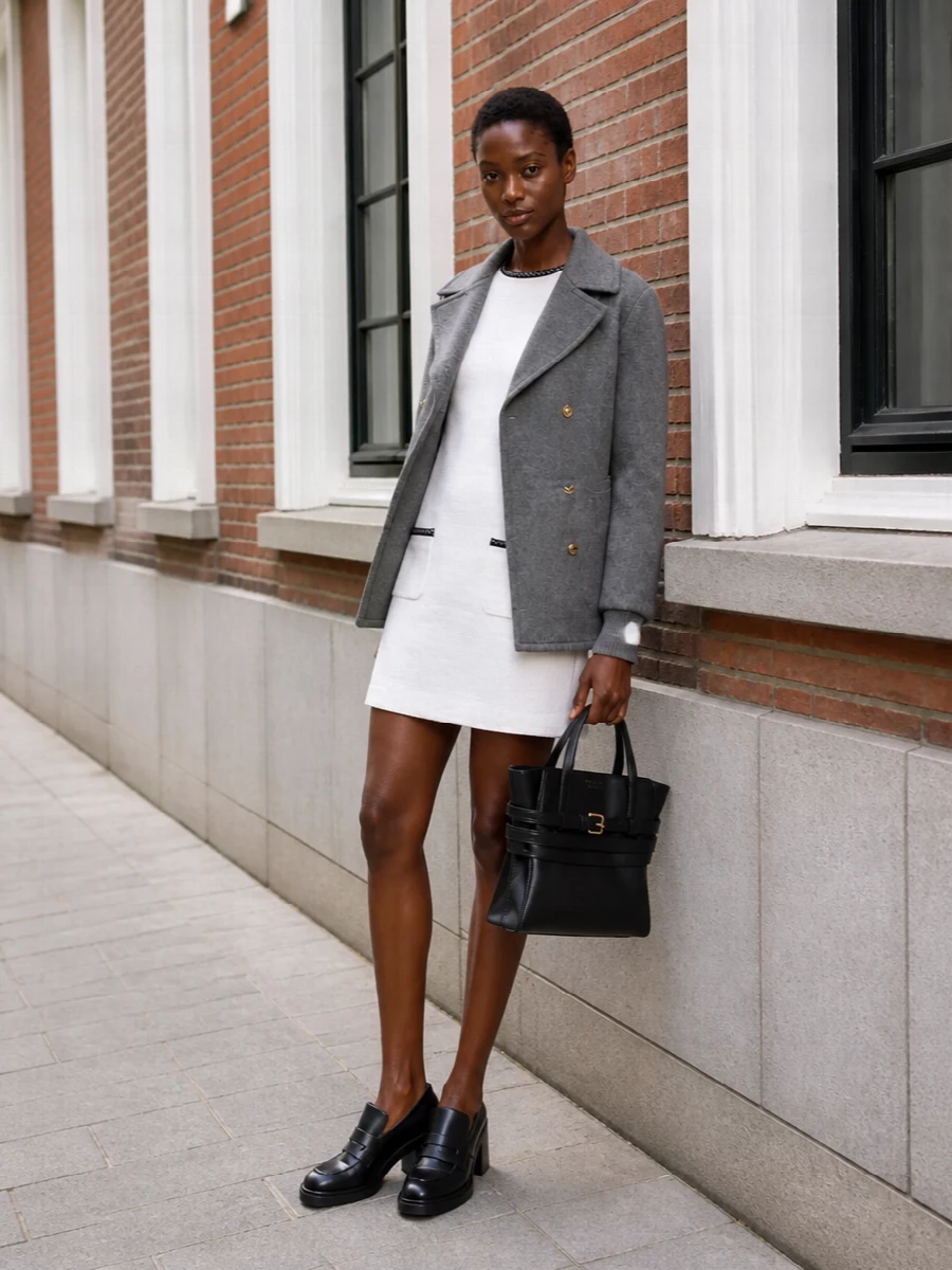 Moschino grey peacoat white shift dress outfit